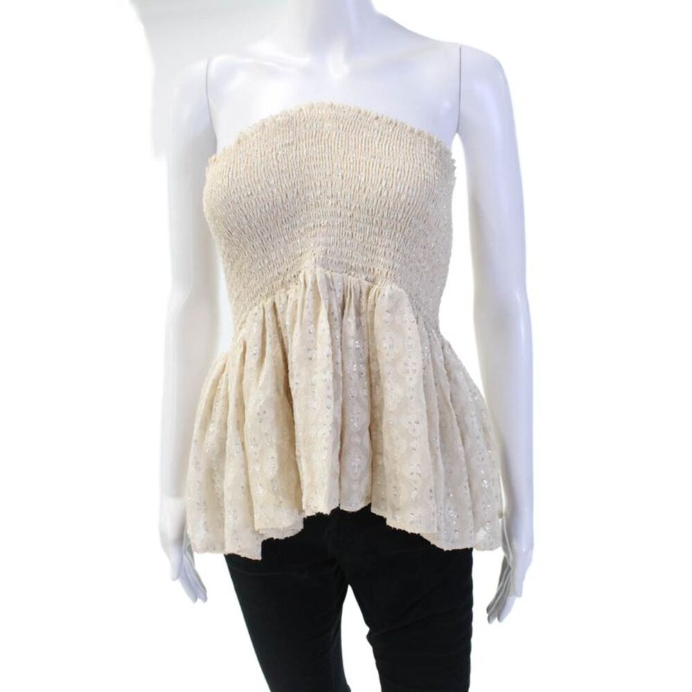 Athe Womens Metallic Ruched Sleeveless Strapless Top Beige Size 36